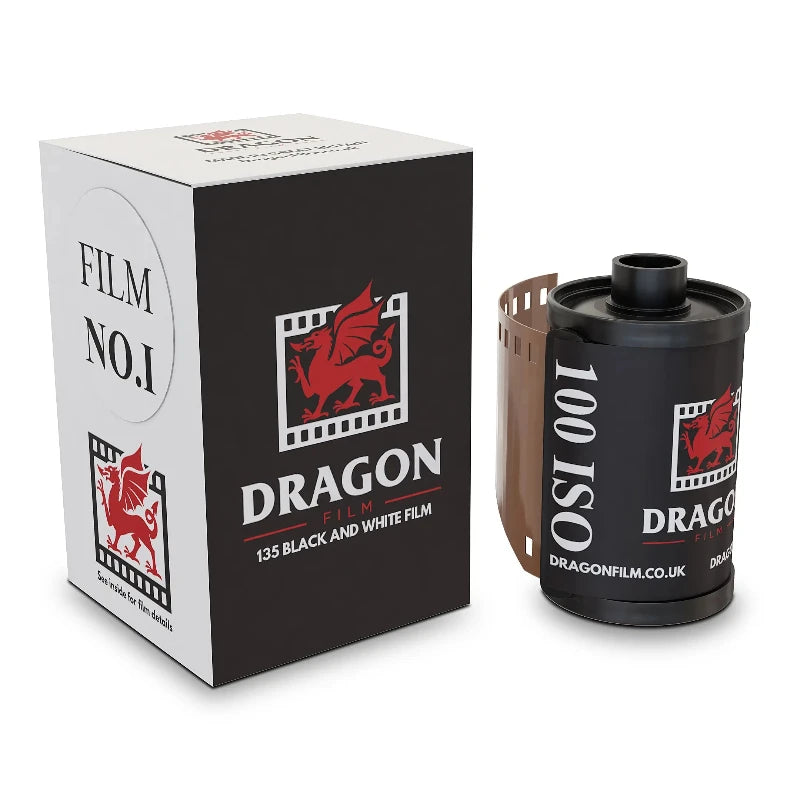 Dragon film canister and packaging on a white background