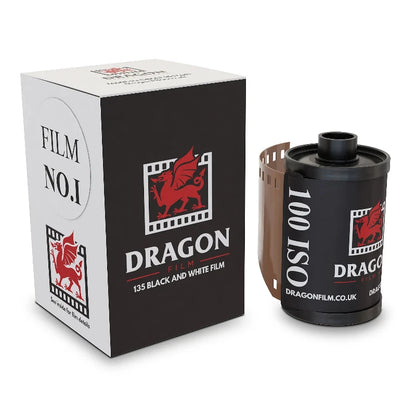 Dragon film canister and packaging on a white background