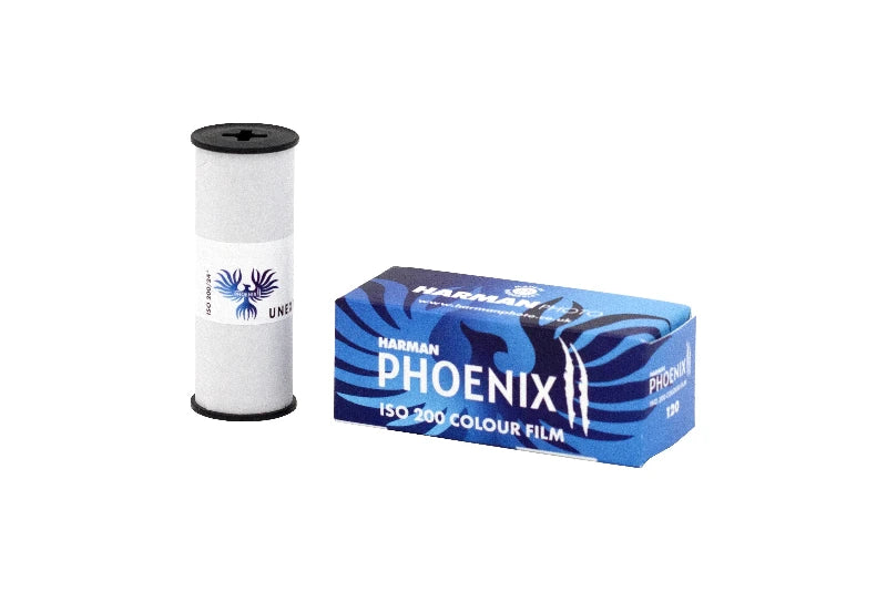 HARMAN Phoenix 120 200 ISO colour film canister and packaging on a white background